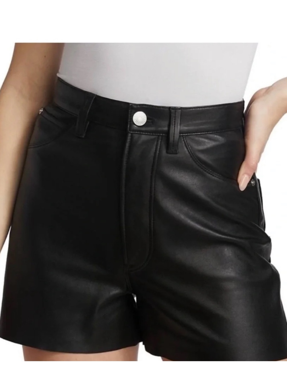 Frame Denim 100% Lamb Leather High-Rise Shorts in Black